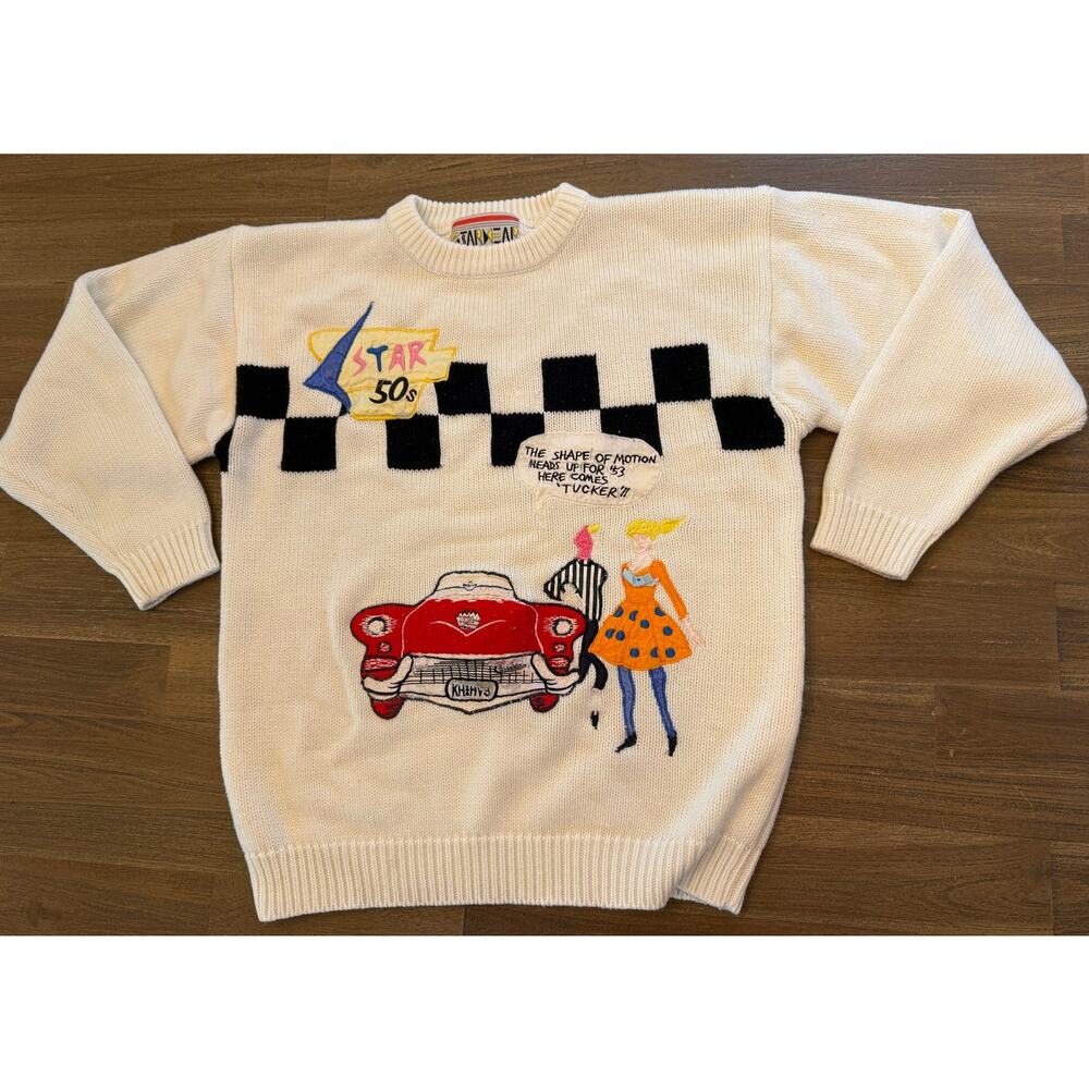 Vintage Starwear 50's Applique Car Sweater Size Large